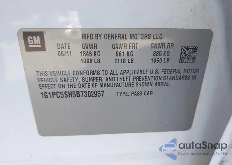 2011 Chevrolet Cruze Ls z USA, uszkodzony, nr VIN 1G1PC5SH5B7302957